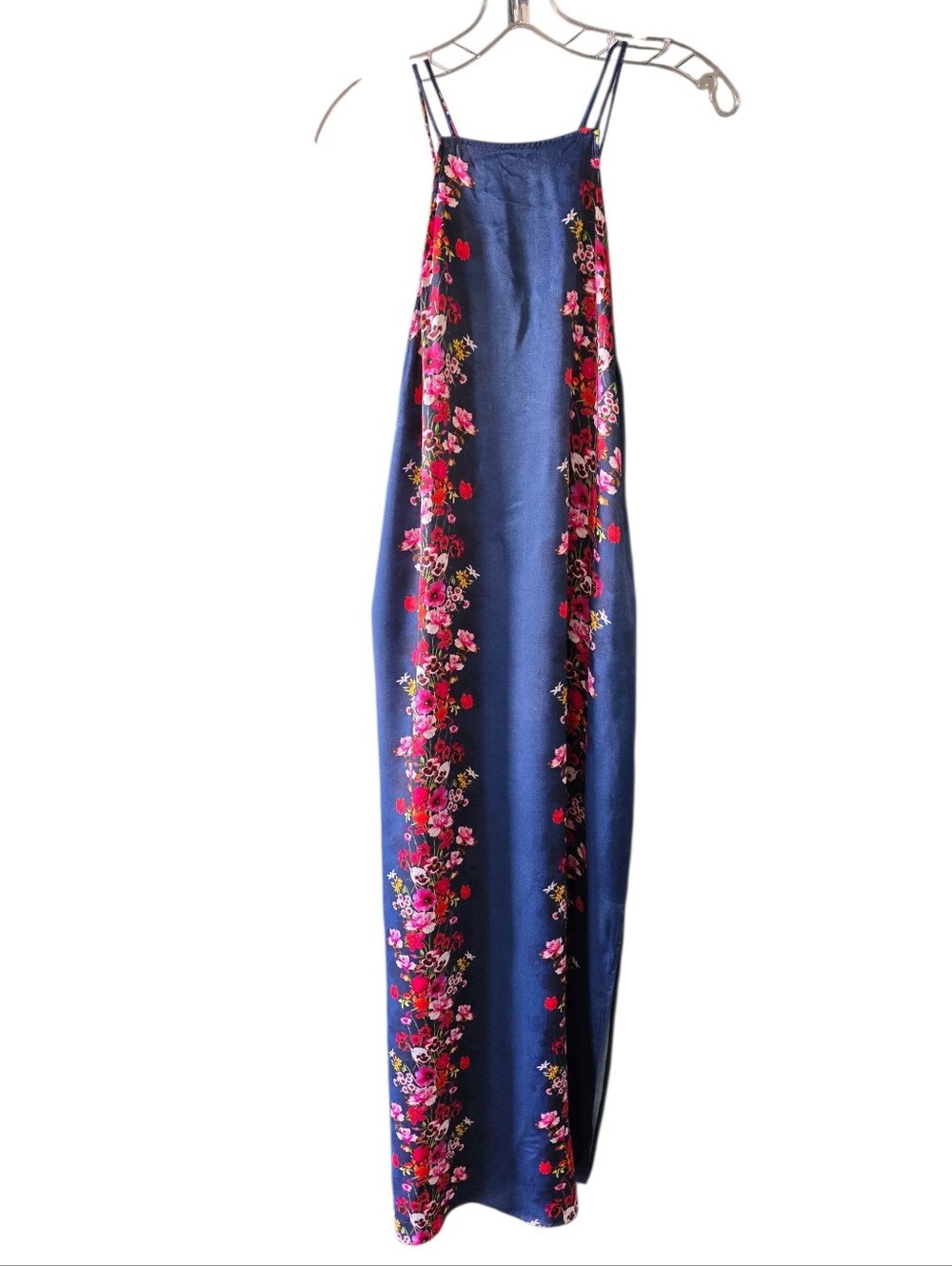 Anthropologie Navy Midi Slip Dress with Pink & Red Floral Print Size Small